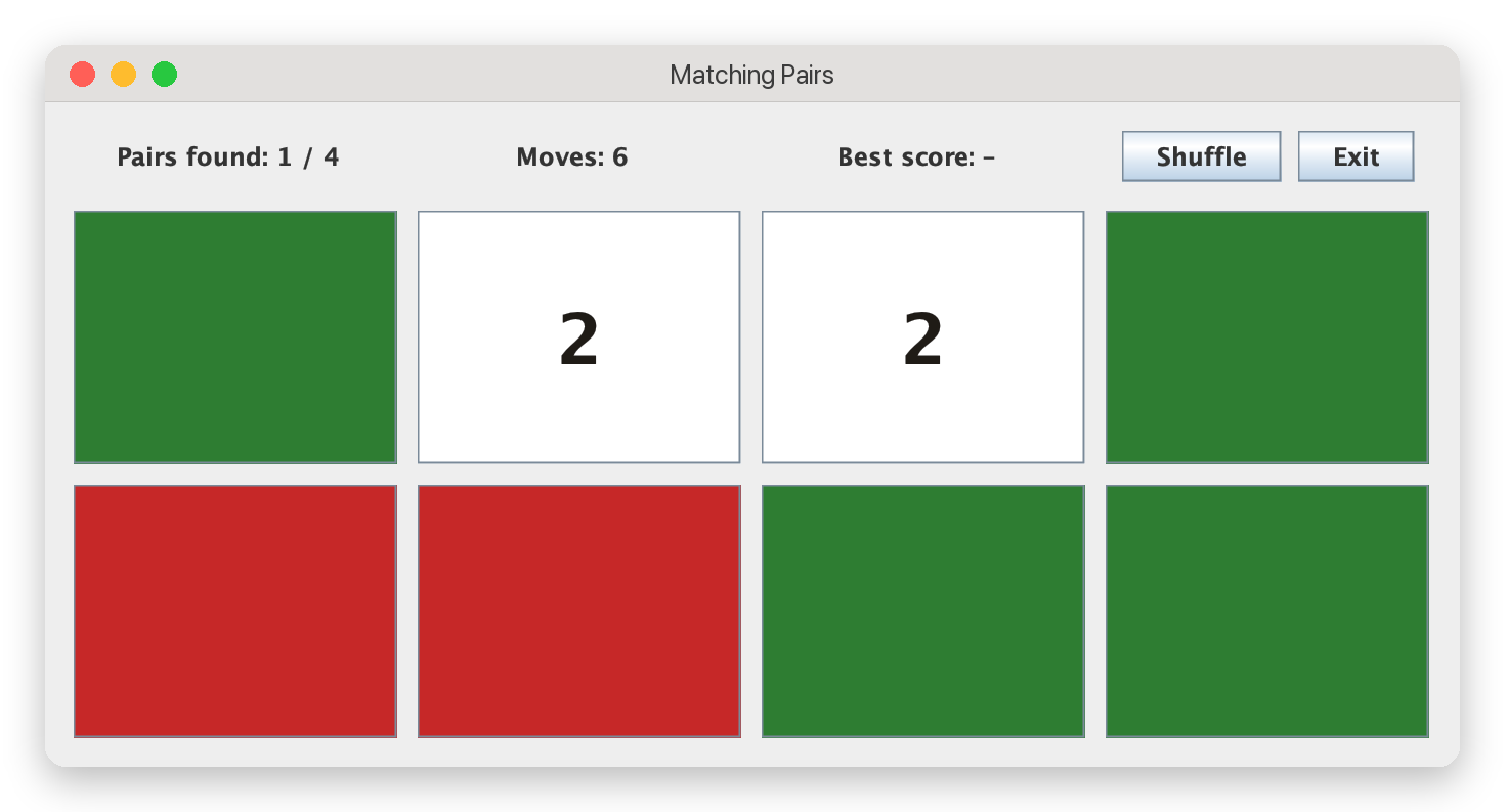 The Matching Pairs game in the middle of a round: two red cards already matched, two white cards with the value 2 face up, the others face down in green