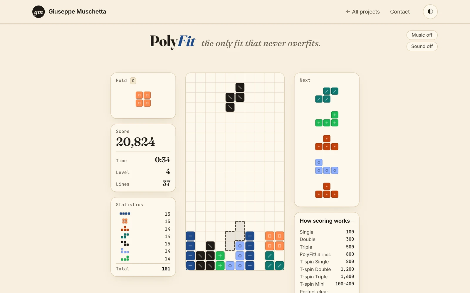 PolyFit in a desktop browser at second 146 of my record game: hold, score and Statistics on the left, a stack of pieces with a falling T and its ghost, the next pieces on the right