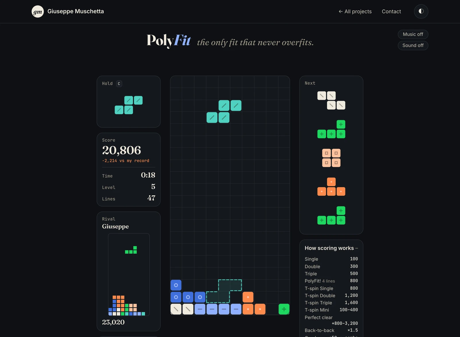 A race against my record game in the dark theme: my game replayed in a small panel next to the player's board, with the gap of the moment under the score